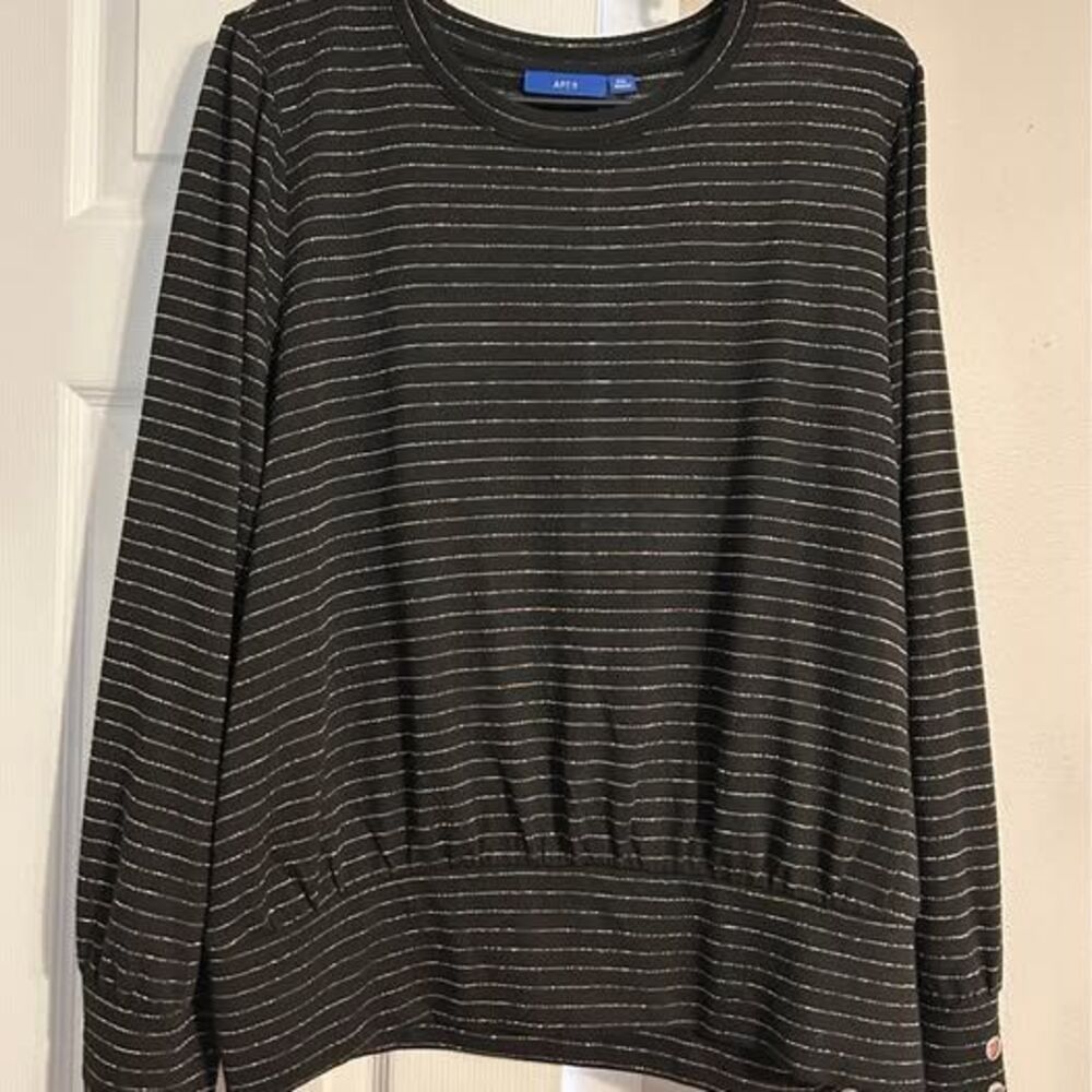 Apt 9 XXL Black Gold Metallic Stripe Long Sleeve Top Elastic Waist Button Cuff
